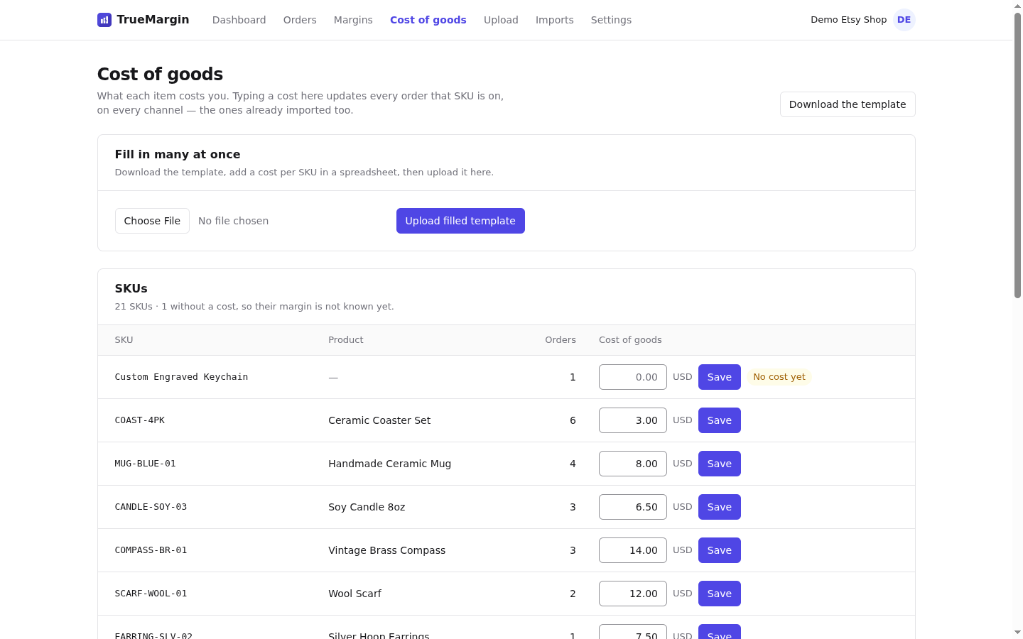 Cost of goods page listing a cost per SKU, with a template upload